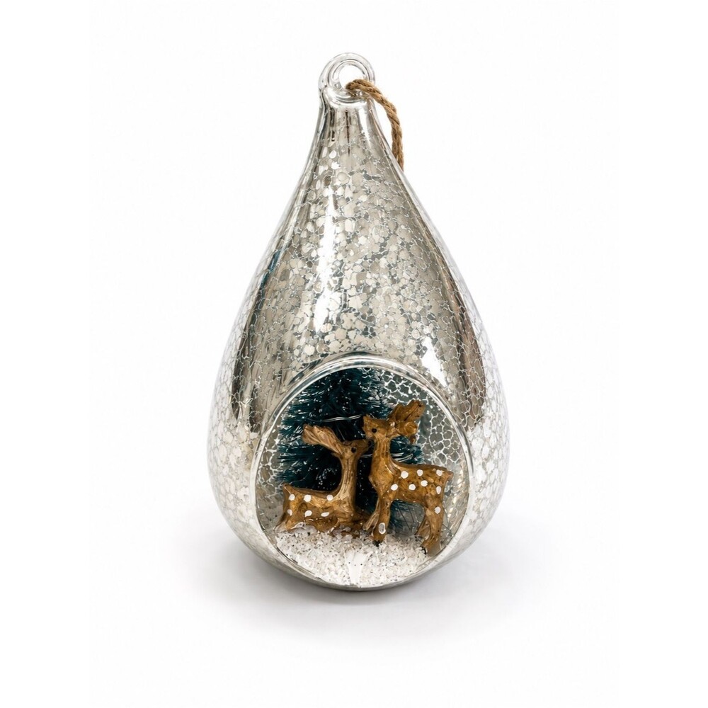 Anthropologie Silver Teardrop Ornament with Deer Diorama
